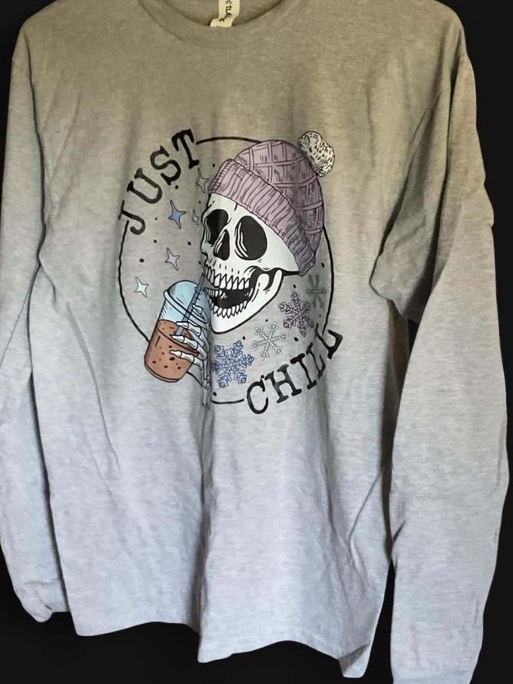 Tultex Just Chill Skull Drinking Iced Coffee Long Sleeve Shirt Medium